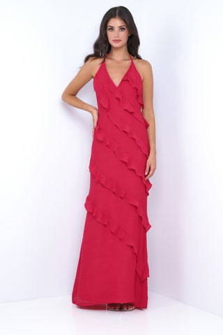 Remi Red Maxi Dress - Halter Neck, Open Back, Ruffle Detail - Glamourous Grace
