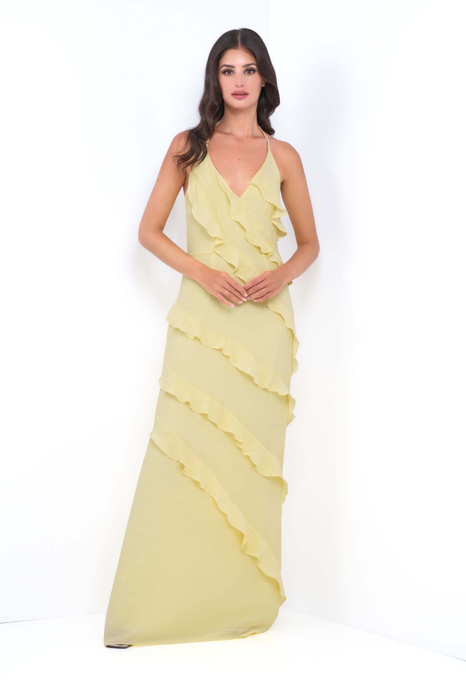 Remi Yellow Maxi Dress - Halter Neck, Open Back & Ruffle Detail - Glamourous Grace