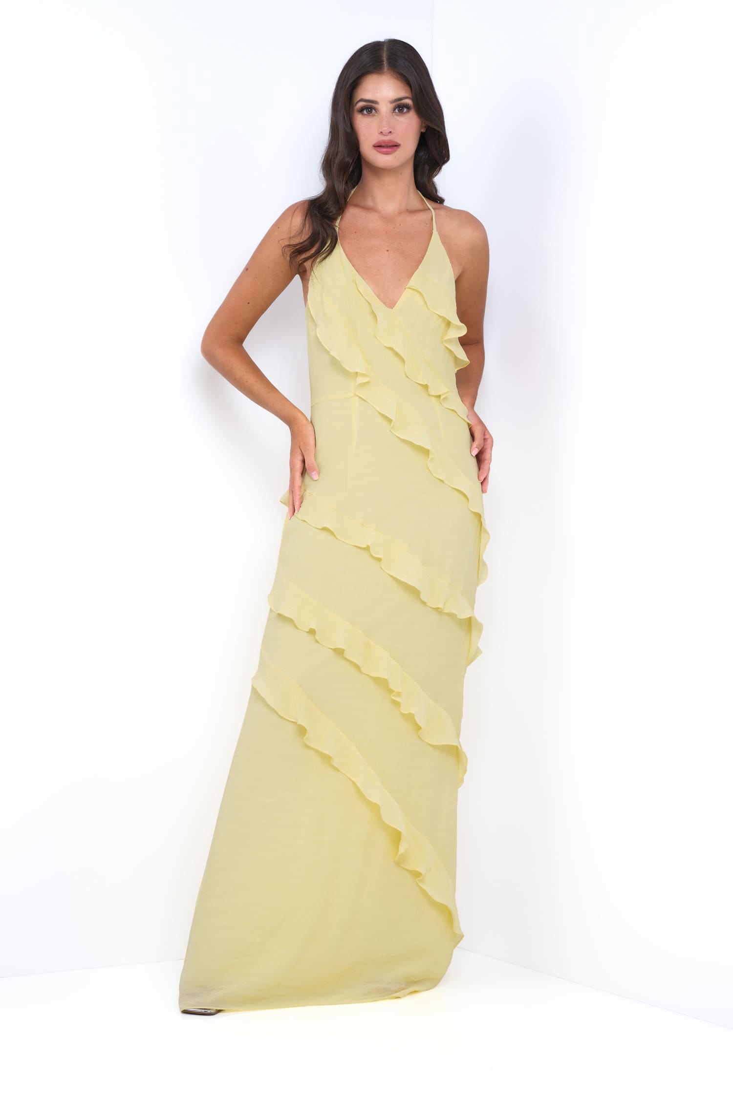 Remi Yellow Maxi Dress - Halter Neck, Open Back & Ruffle Detail - Glamourous Grace