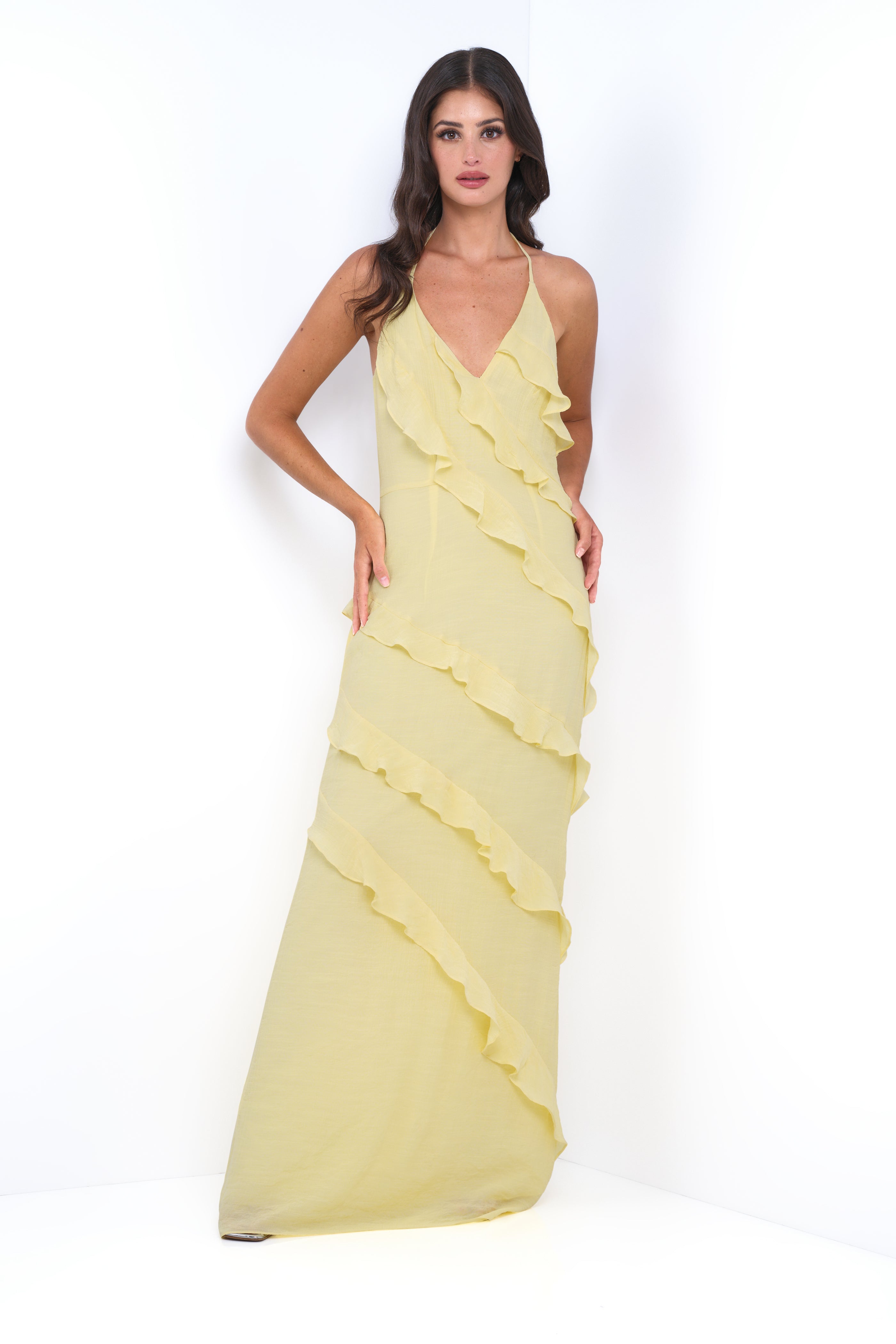Remi Yellow Maxi Dress - Halter Neck, Open Back & Ruffle Detail - Glamourous Grace