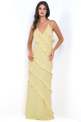Remi Yellow Maxi Dress - Halter Neck, Open Back & Ruffle Detail - Glamourous Grace