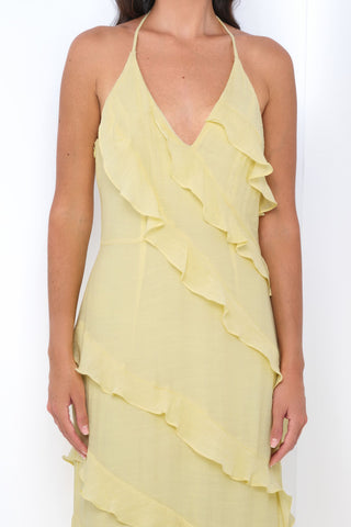 Remi Yellow Maxi Dress - Halter Neck, Open Back & Ruffle Detail - Glamourous Grace