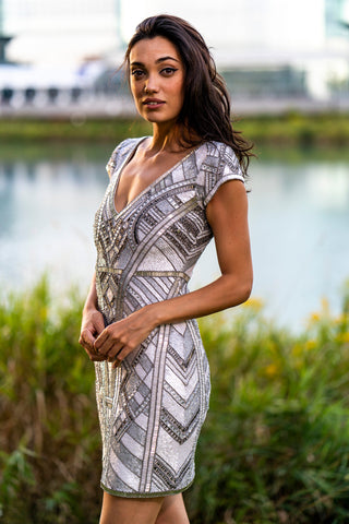 Lara 29909 - Beaded, V-neck Mini Dress - Glamourous Grace