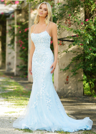 The Dutchess Gown - Light Blue - Floral Lace Dress With Straight Neckline - FINAL SALE - Glamourous Grace