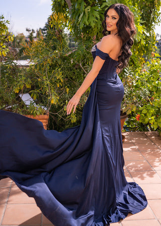 Katrina Gown - Navy - Corset Dress With Crystal Detail - Glamourous Grace