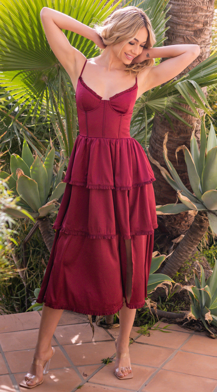 Maeve Corset Midi Dress - Burgundy Satin - Glamourous Grace