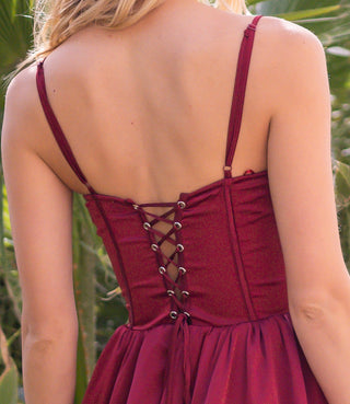 Maeve Corset Midi Dress - Burgundy Satin - Glamourous Grace