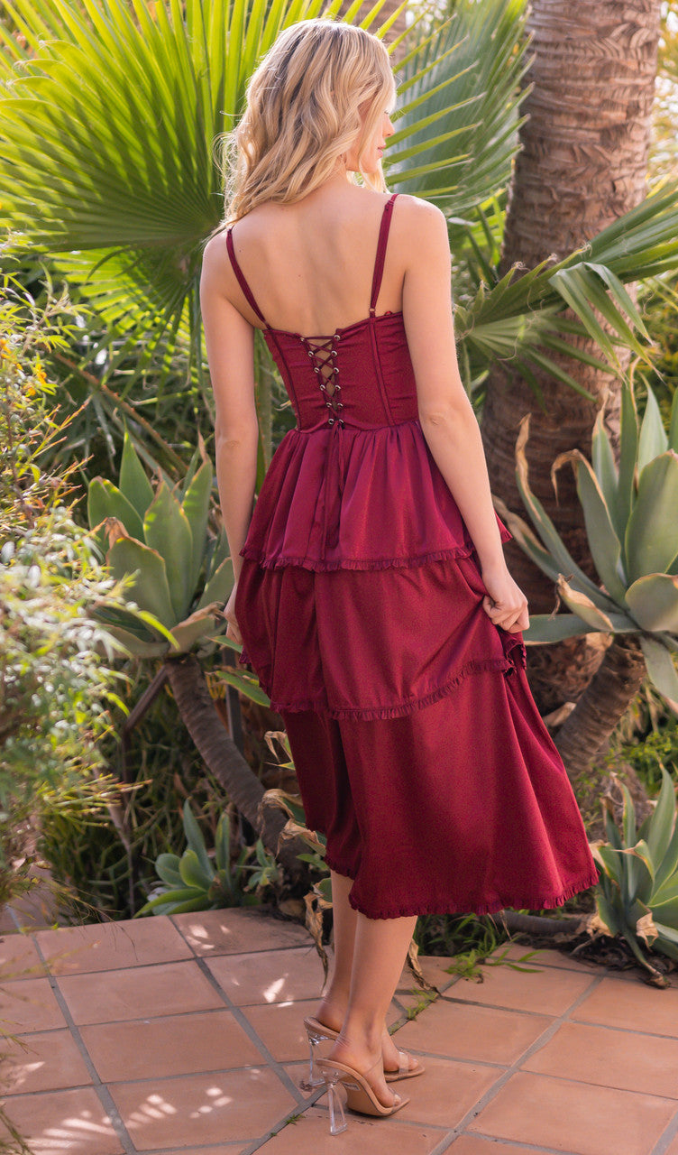 Maeve Corset Midi Dress - Burgundy Satin - Glamourous Grace