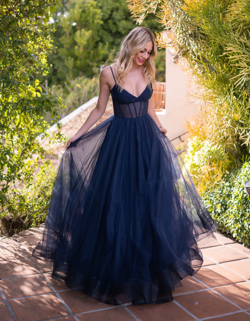 Yasmin Gown - Navy - Tulle A-line Dress With Pleated Bodice - Glamourous Grace
