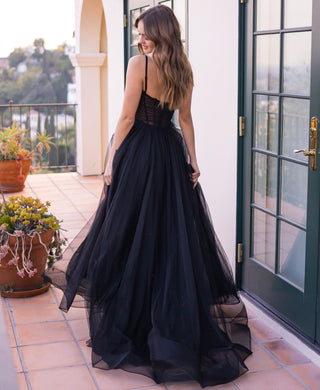 Lady Black Tie Yasmin Black Tulle A-line gown with pleated bodice, elegant evening dress for formal occasions.