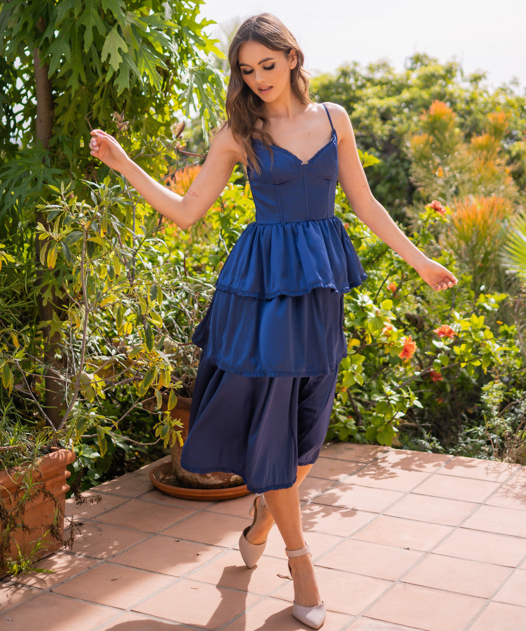 Maeve Corset Midi Dress - Navy Satin - Glamourous Grace