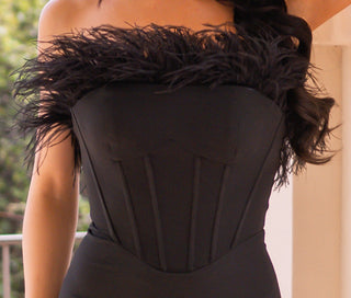 Sloane Corset Gown - Black Feather Trim Dress - Glamourous Grace