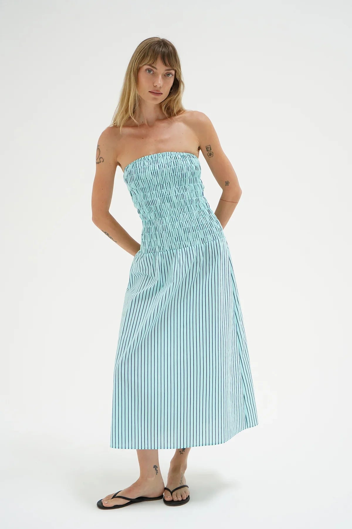 Kapaia Strapless Dress | Teal Navy Stripe