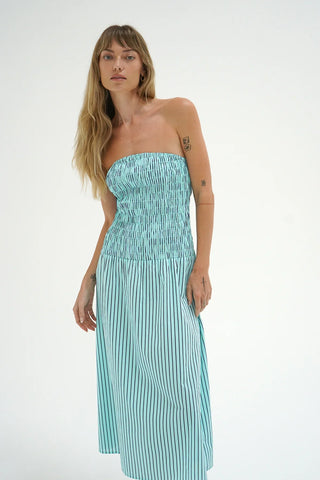 Kapaia Strapless Dress | Teal Navy Stripe