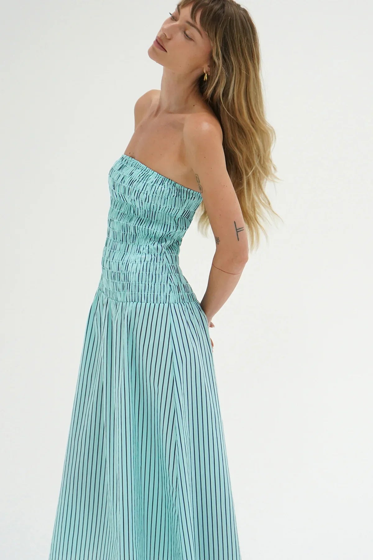 Kapaia Strapless Dress | Teal Navy Stripe