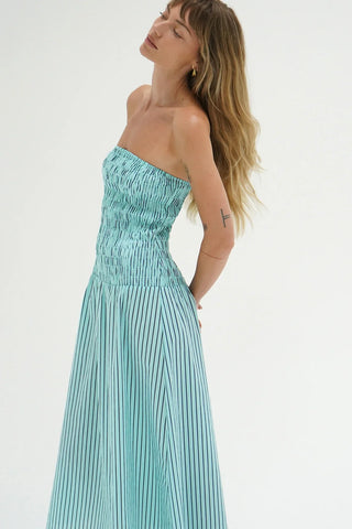 Kapaia Strapless Dress | Teal Navy Stripe