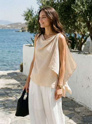 LINTICO 100% linen cowl-neck asymmetric top featuring a stylish draped design, perfect for casual or elegant wear.