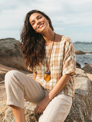 100% Linen Plaid Drop Shoulder Side Slit Top LORNA - Glamourous Grace