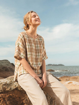 100% Linen Plaid Drop Shoulder Side Slit Top LORNA - Glamourous Grace