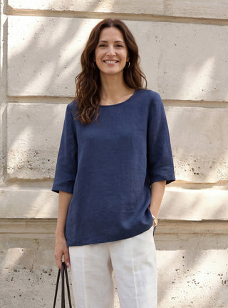 100% Linen Relaxed Back Button Top with Tab Sleeves SYLVANA - Glamourous Grace
