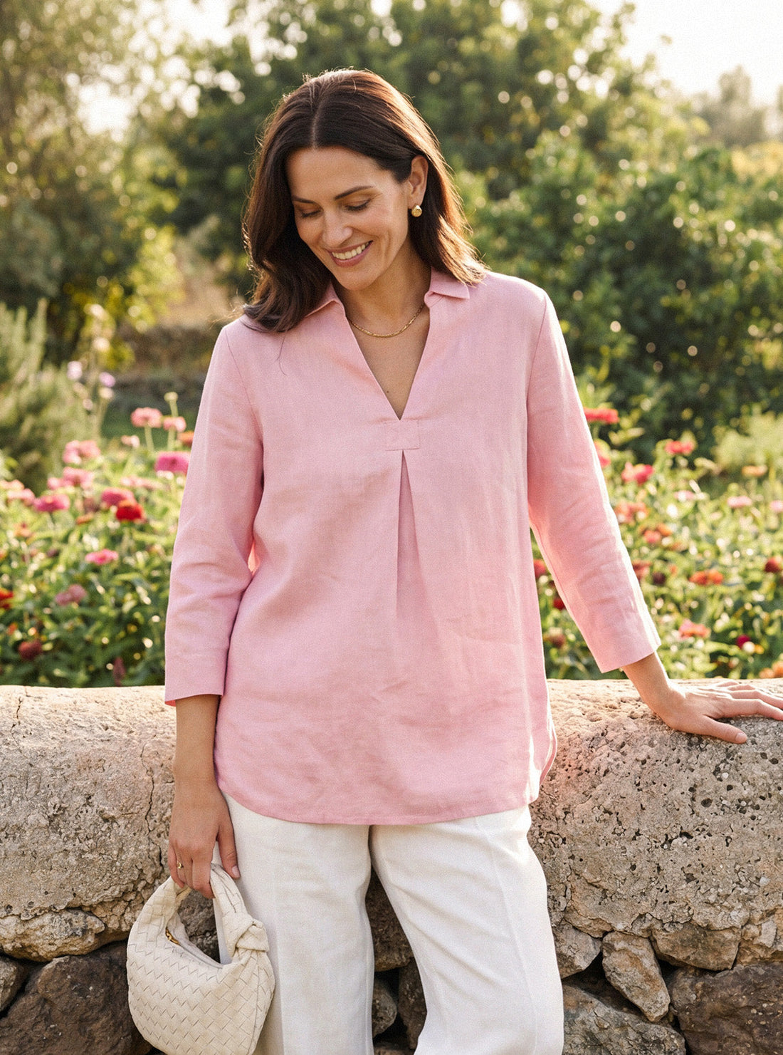 100% Linen Layered Lapel V-neck Sculpted Front Pleat Longline Top ODALYS - Glamourous Grace
