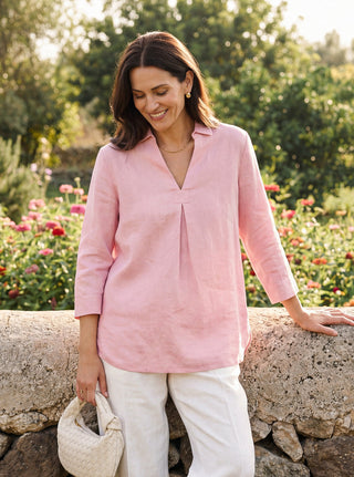 100% Linen Layered Lapel V-neck Sculpted Front Pleat Longline Top ODALYS - Glamourous Grace