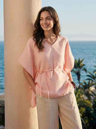 100% Linen Flutter-Sleeve V-Neck Top MARA - Glamourous Grace
