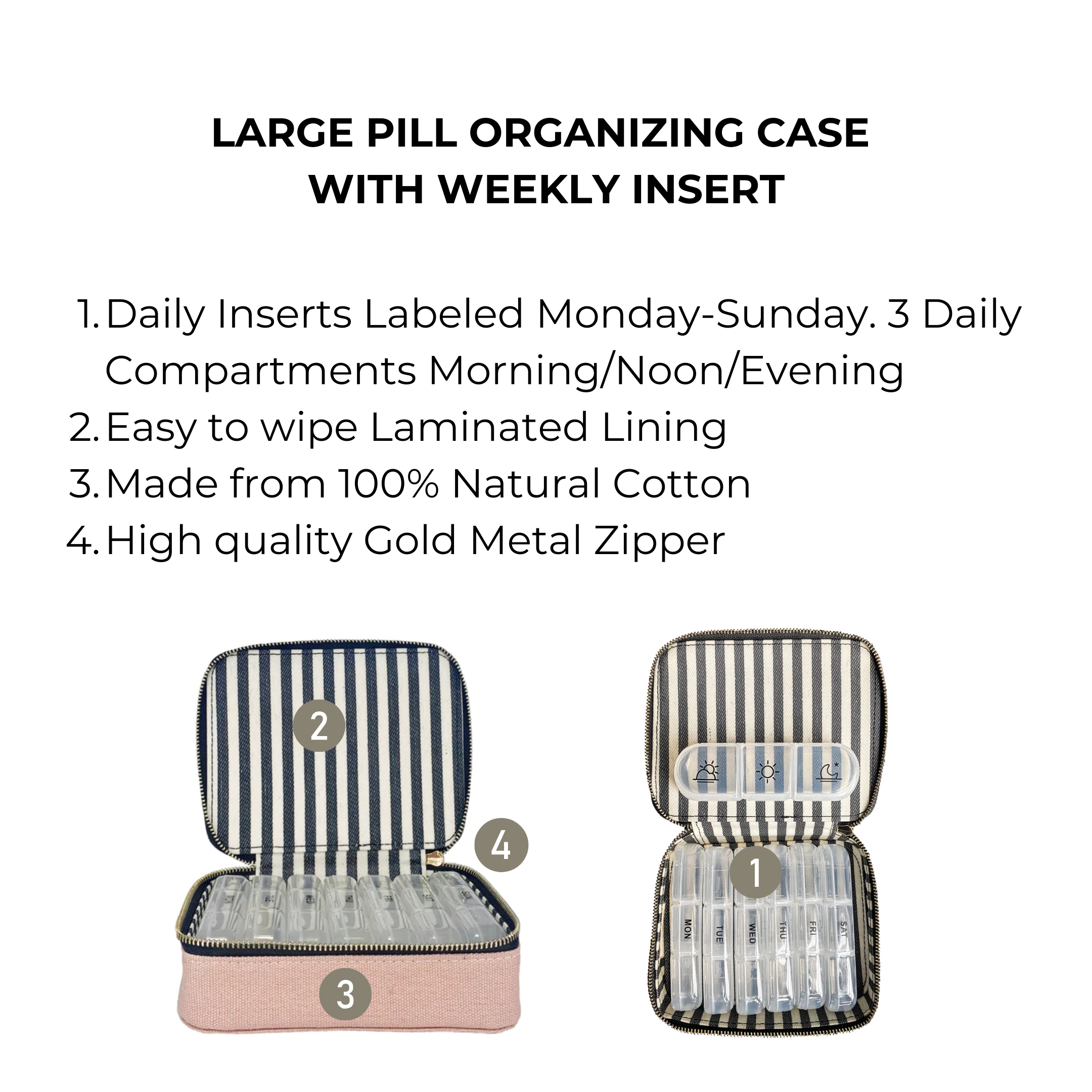Large Pill Travel Case with Individual Daily Pill Organizer – Pink/Blush - Glamourous Grace