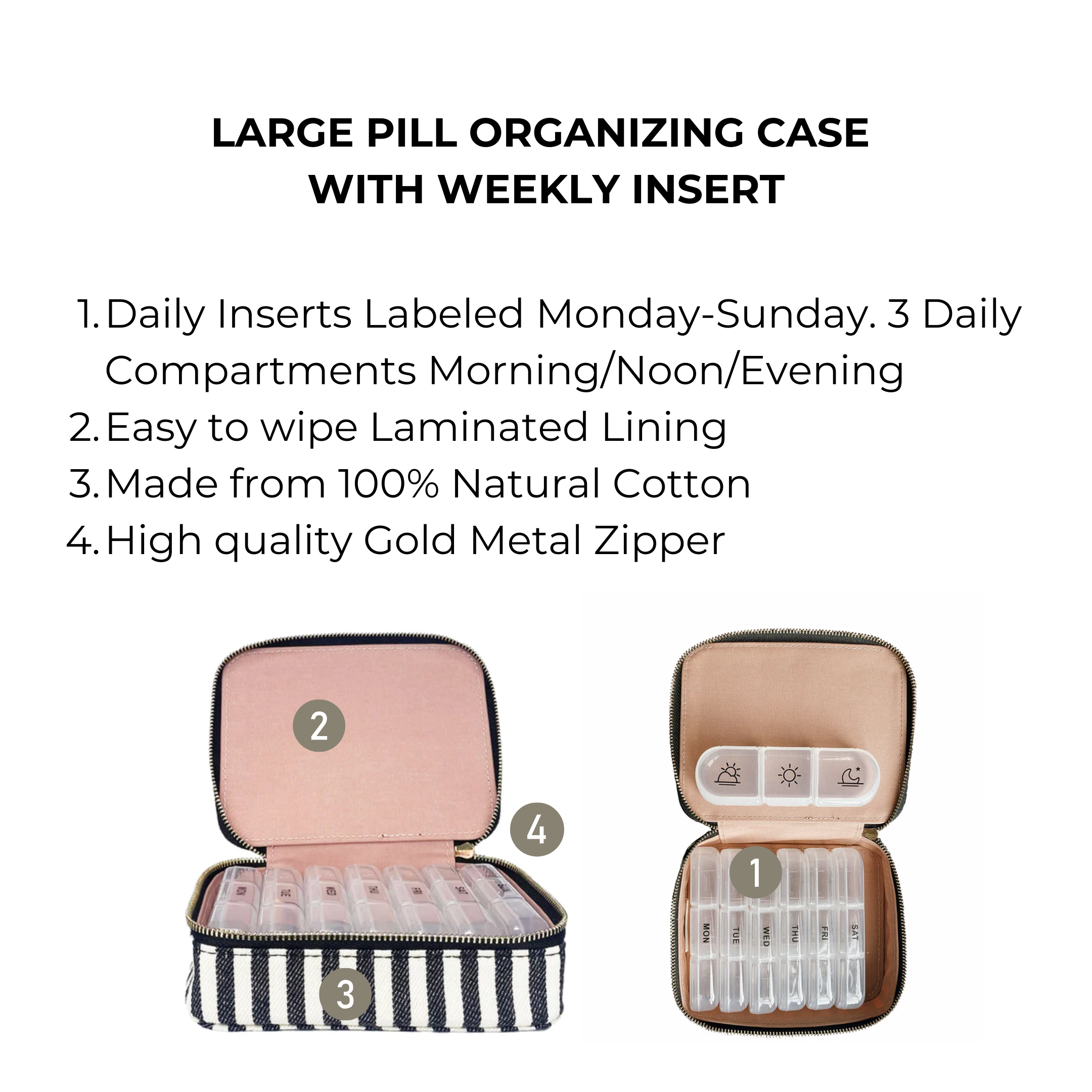Large Pill Travel Case with Individual Daily Pill Organizer – Striped - Glamourous Grace