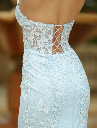 Reva Corset Gown - Light Blue Floral Lace Dress - Glamourous Grace