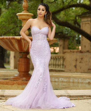 Lilac floral lace Reva Corset Gown by Lady Black Tie, elegant dress with intricate lace details and fitted corset design.
