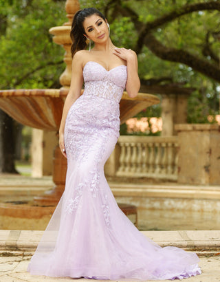 Lady Black Tie Reva Corset Gown in lilac floral lace, elegant dress with fitted bodice and flowing skirt, perfect for formal occasions.