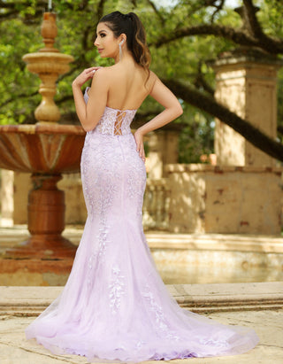 Lady Black Tie Reva Corset Gown in lilac floral lace, elegant dress with fitted bodice and flowing skirt for formal occasions.