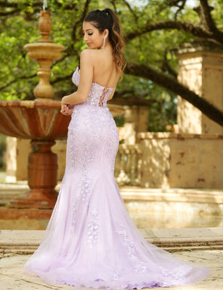 Lilac floral lace Reva corset gown by Lady Black Tie, elegant dress with intricate lace details and fitted silhouette.