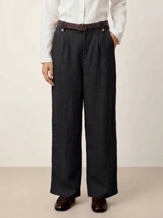 Linen-Lyocell Pleated Wide Leg Trousers with Back Elastic & Button Detail AISLING - Glamourous Grace