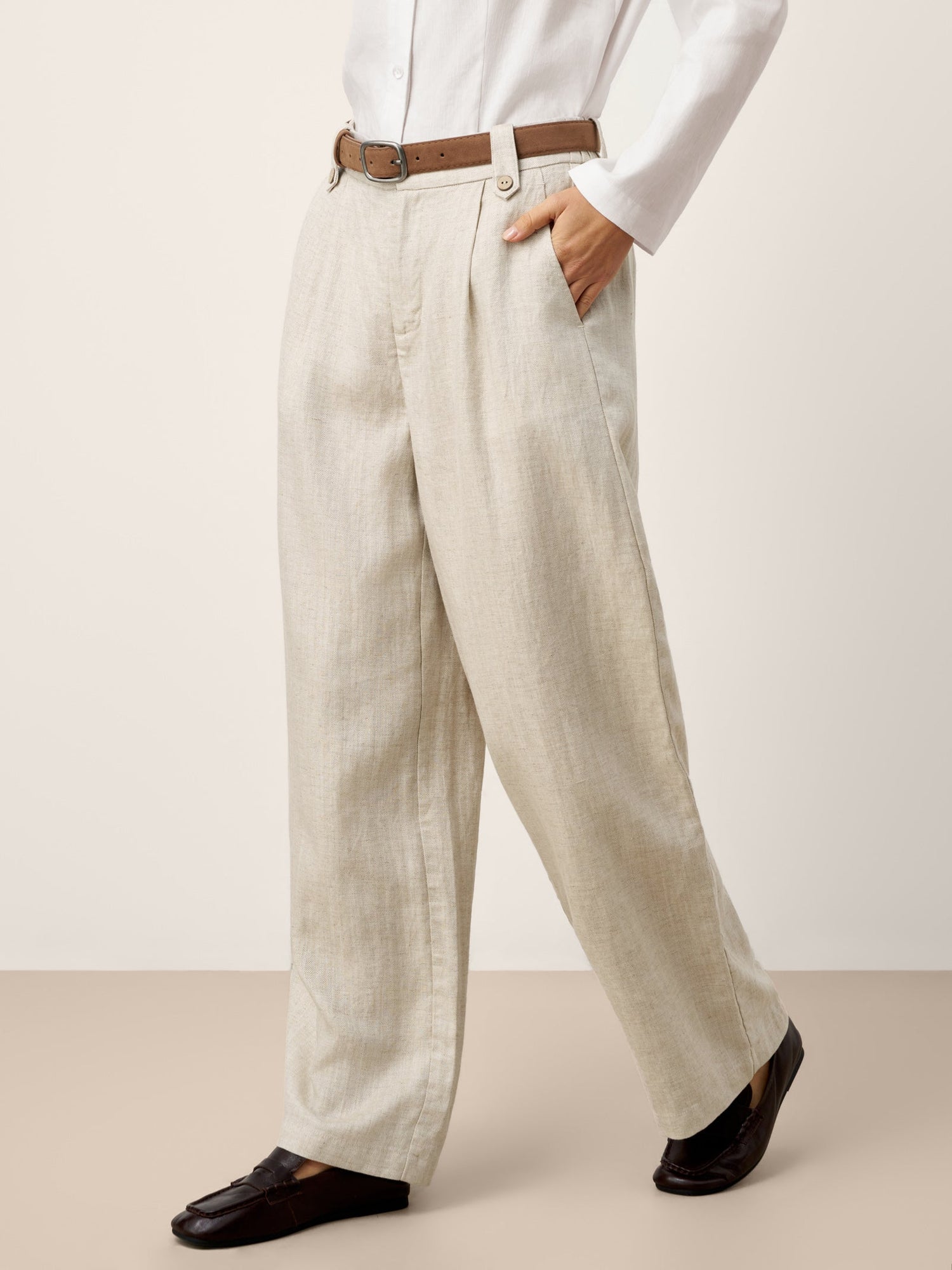 Linen-Lyocell Pleated Wide Leg Trousers with Back Elastic & Button Detail AISLING - Glamourous Grace