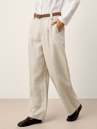 Linen-Lyocell Pleated Wide Leg Trousers with Back Elastic & Button Detail AISLING - Glamourous Grace