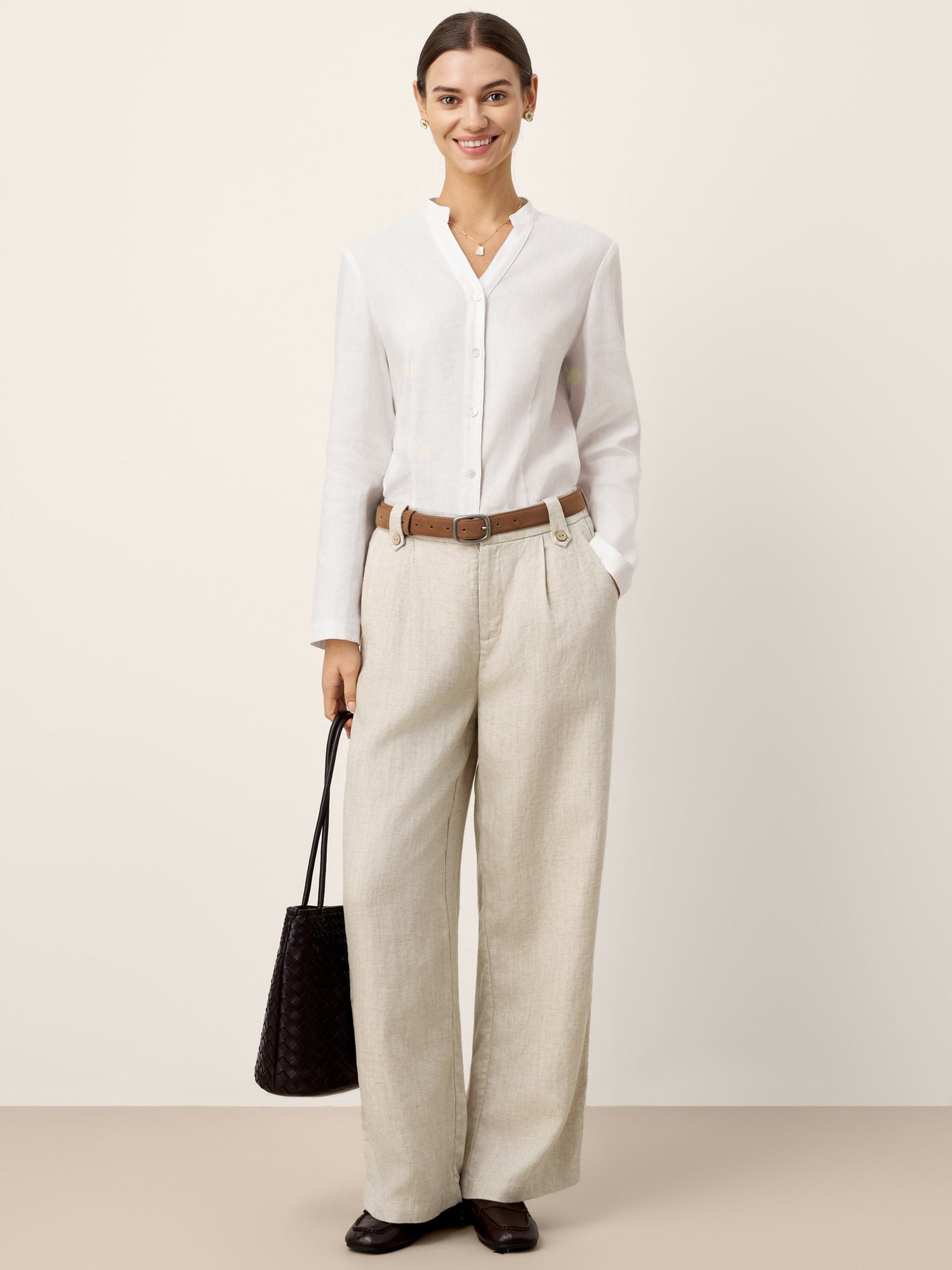 Linen-Lyocell Pleated Wide Leg Trousers with Back Elastic & Button Detail AISLING - Glamourous Grace