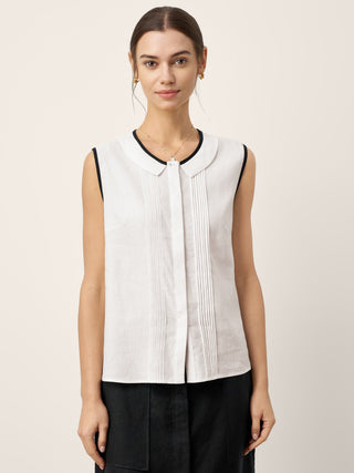 Linen-Lyocell Contrast Trim Pleated Sleeveless Top JUNIPER - Glamourous Grace