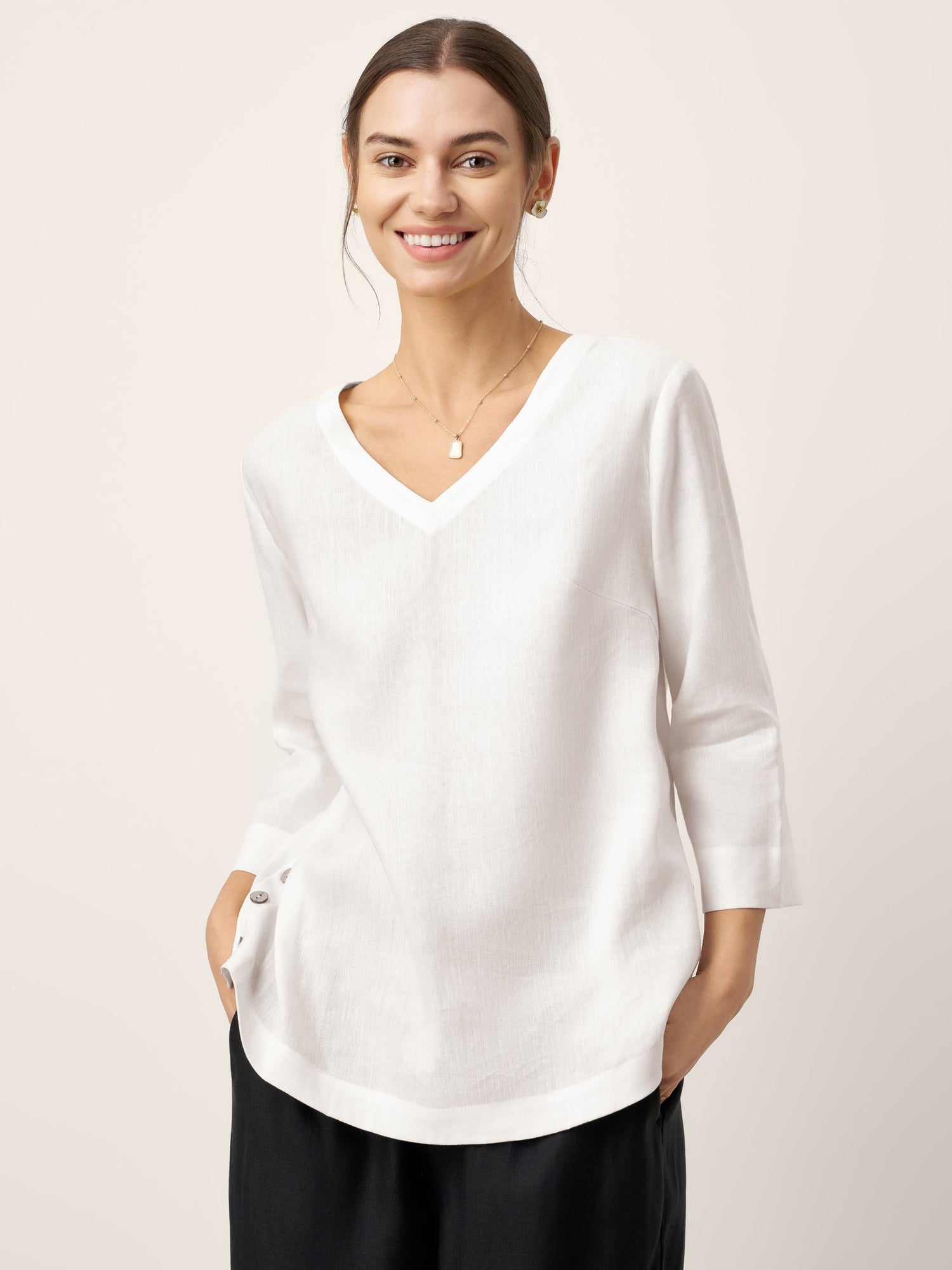 Linen-Lyocell V-Neck Button Detail Overtop ODETTE - Glamourous Grace