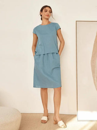 Linen Blend Cap Sleeve Top And Pencil Skirt Set VEDA - Glamourous Grace