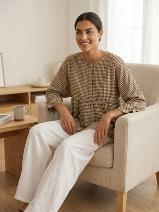Linen Checked Long-Sleeved Top CAROLINE - Glamourous Grace