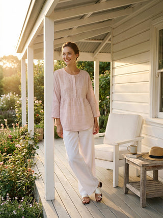 Linen Checked Long-Sleeved Top CAROLINE - Glamourous Grace
