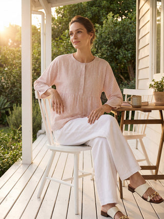 Linen Checked Long-Sleeved Top CAROLINE - Glamourous Grace