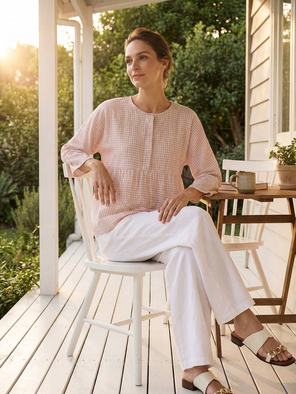 Linen Checked Long-Sleeved Top CAROLINE - Glamourous Grace