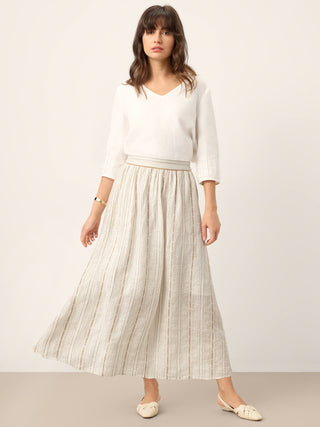 Linen Striped Contrast Trim A-Line Bohemian Skirt with Lining ISMERIE - Glamourous Grace