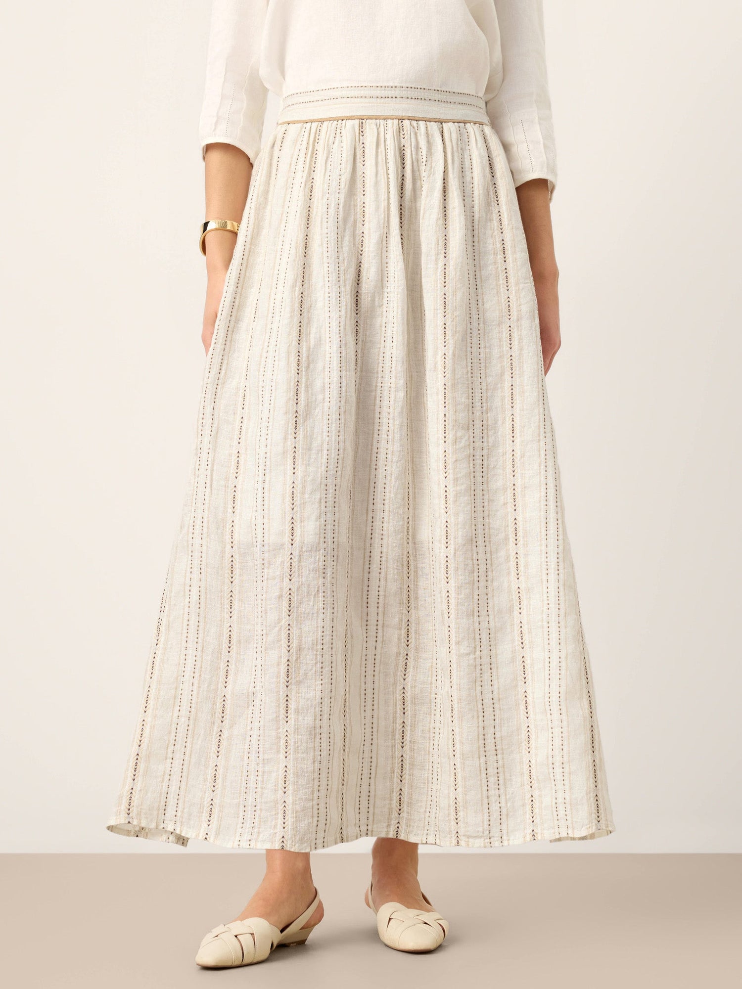 Linen Striped Contrast Trim A-Line Bohemian Skirt with Lining ISMERIE - Glamourous Grace