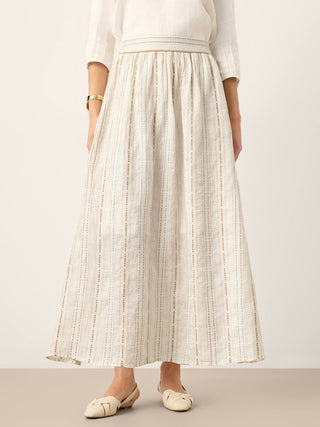 Linen Striped Contrast Trim A-Line Bohemian Skirt with Lining ISMERIE - Glamourous Grace