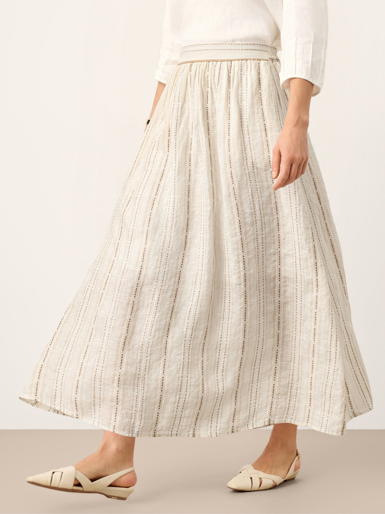 Linen Striped Contrast Trim A-Line Bohemian Skirt with Lining ISMERIE - Glamourous Grace