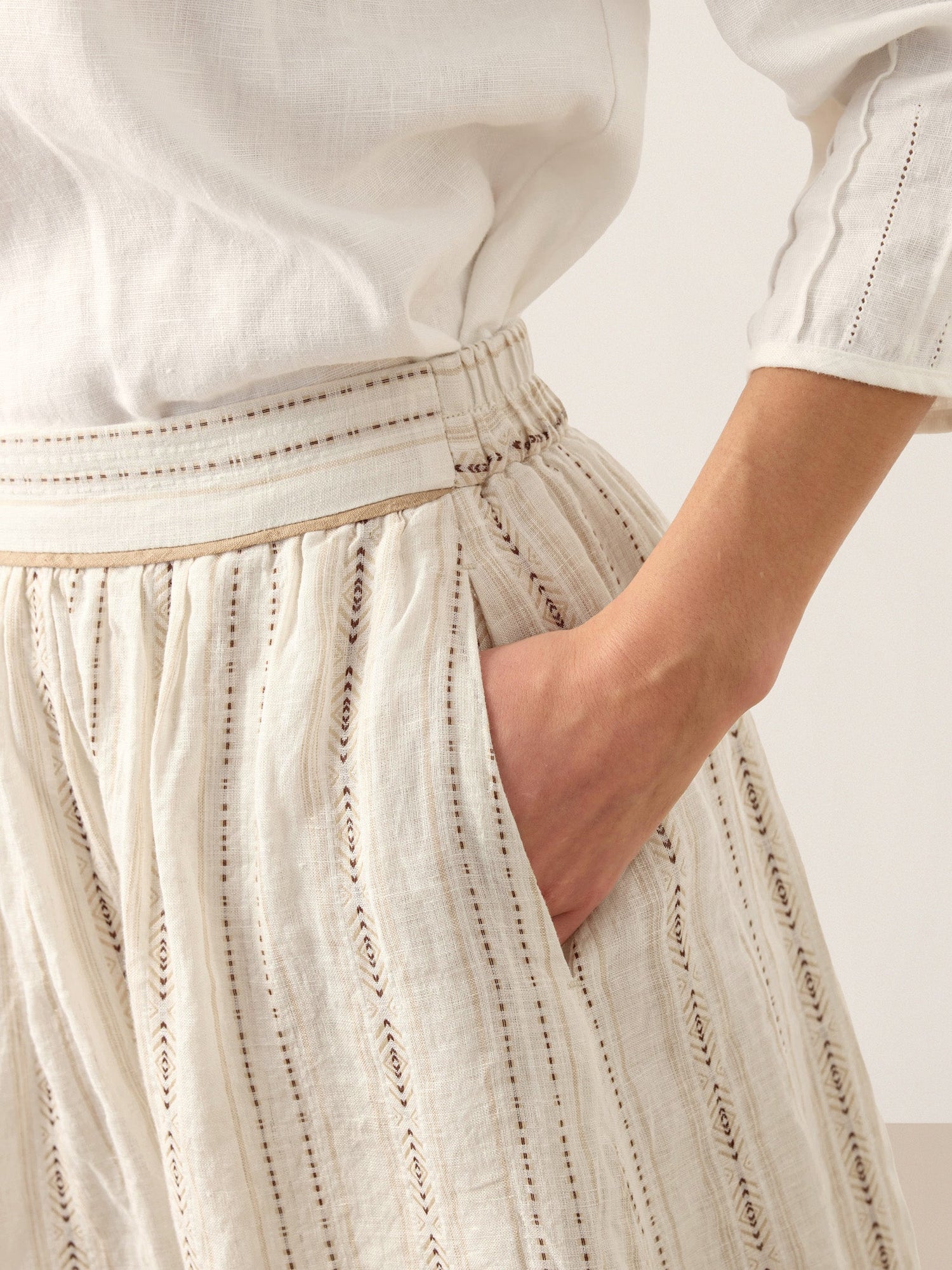 Linen Striped Contrast Trim A-Line Bohemian Skirt with Lining ISMERIE - Glamourous Grace